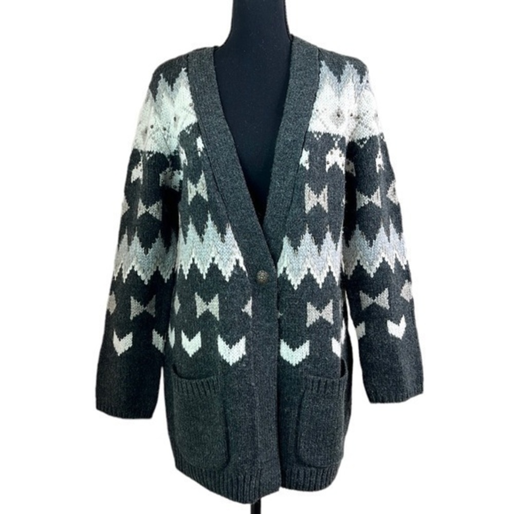 J. Jill Gray Chunky Knit Embellished Boho Wool Blend Sweater Cardigan Medium
